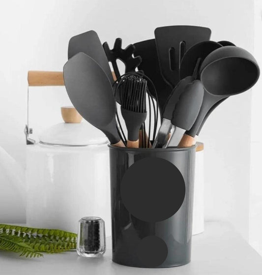 Kit Utensílios De Cozinha em Silicone e Madeira