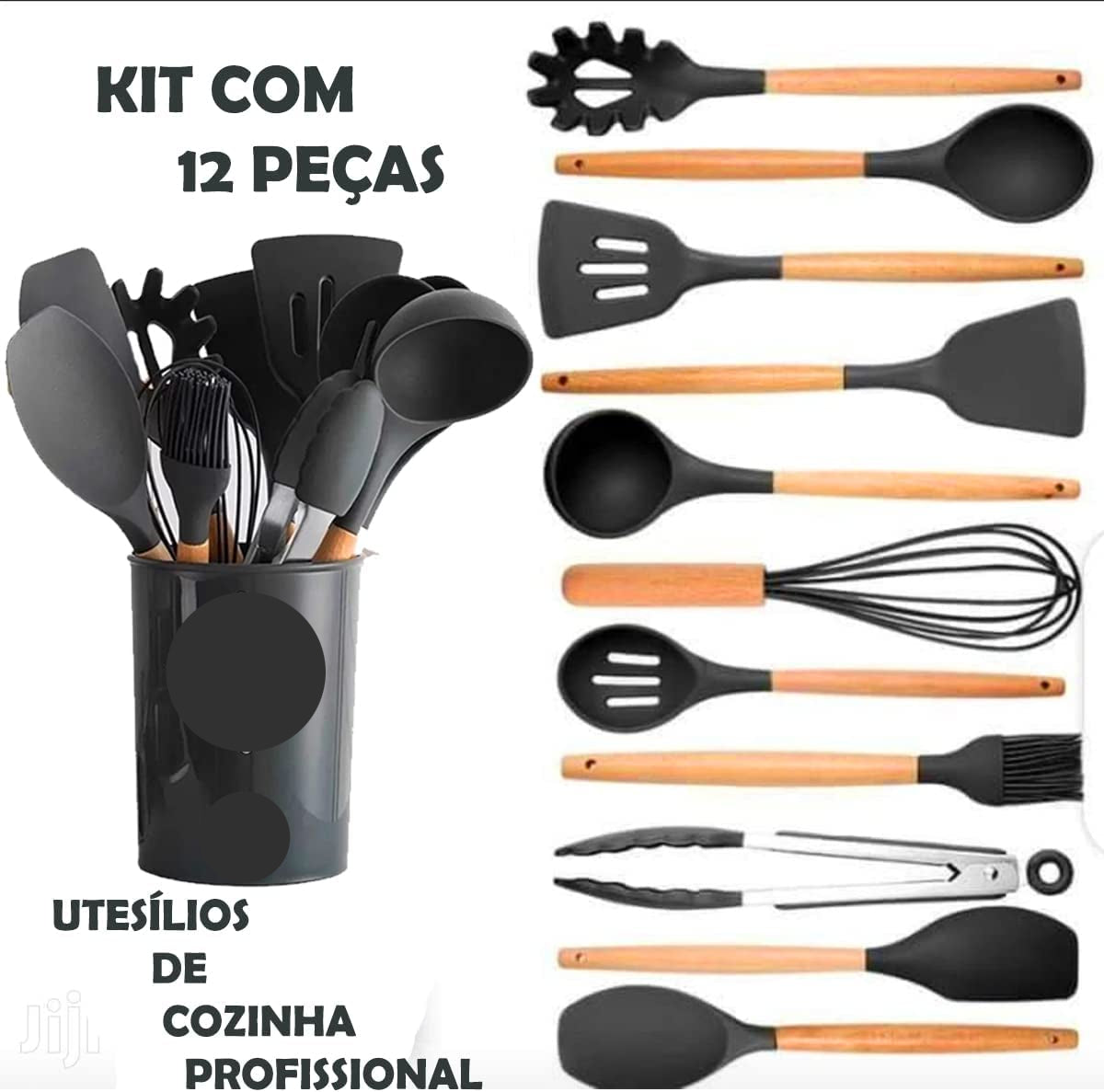 Kit Utensílios De Cozinha em Silicone e Madeira