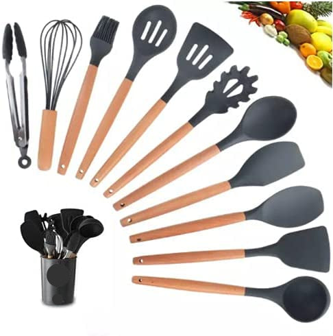 Kit Utensílios De Cozinha em Silicone e Madeira
