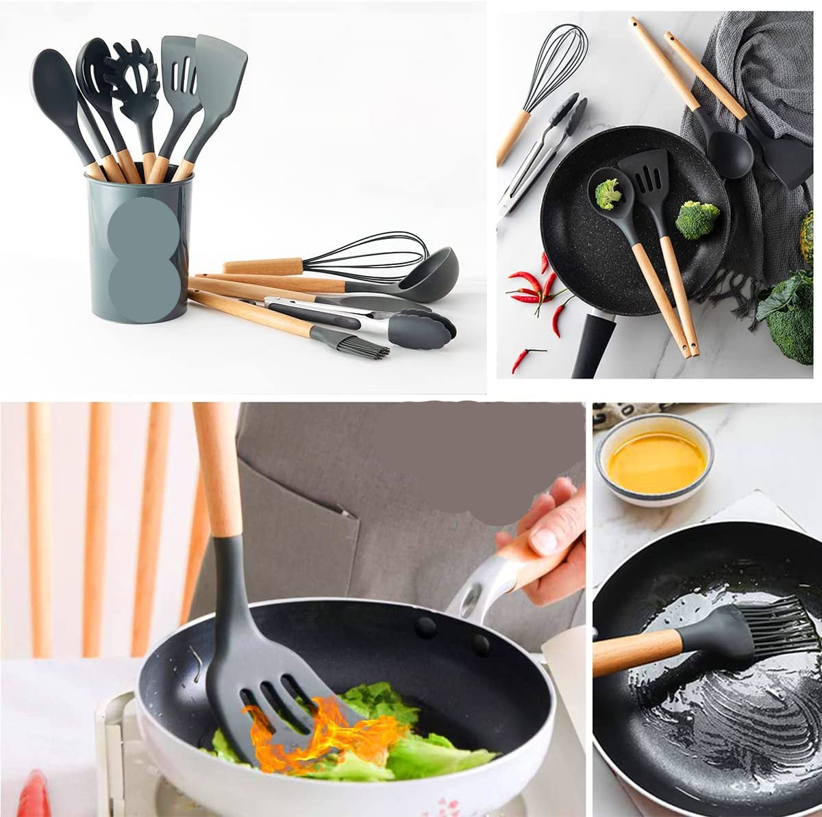Kit Utensílios De Cozinha em Silicone e Madeira