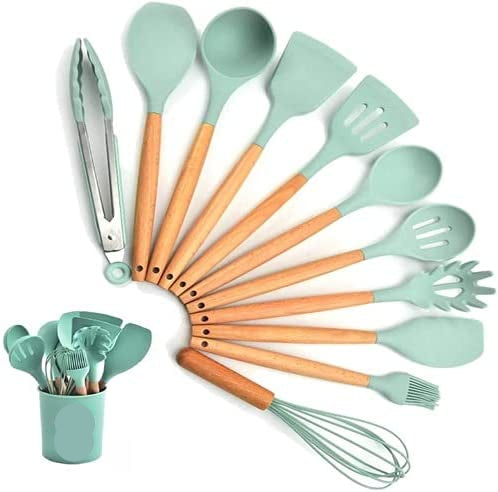 Kit Utensílios De Cozinha em Silicone e Madeira