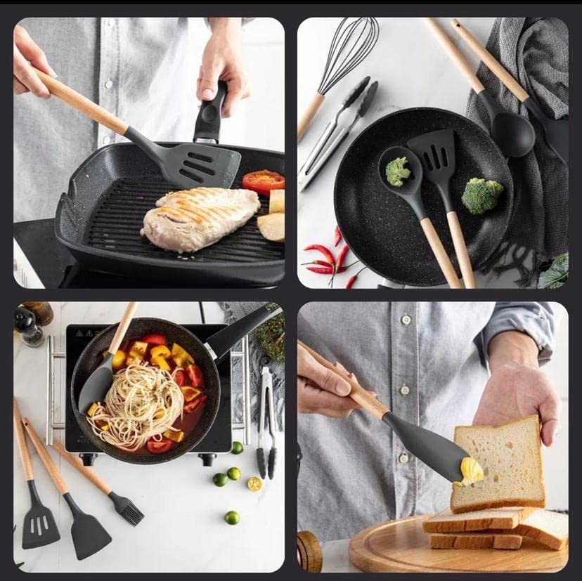 Kit Utensílios De Cozinha em Silicone e Madeira