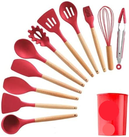Kit Utensílios De Cozinha em Silicone e Madeira