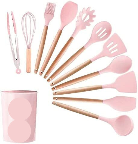 Kit Utensílios De Cozinha em Silicone e Madeira