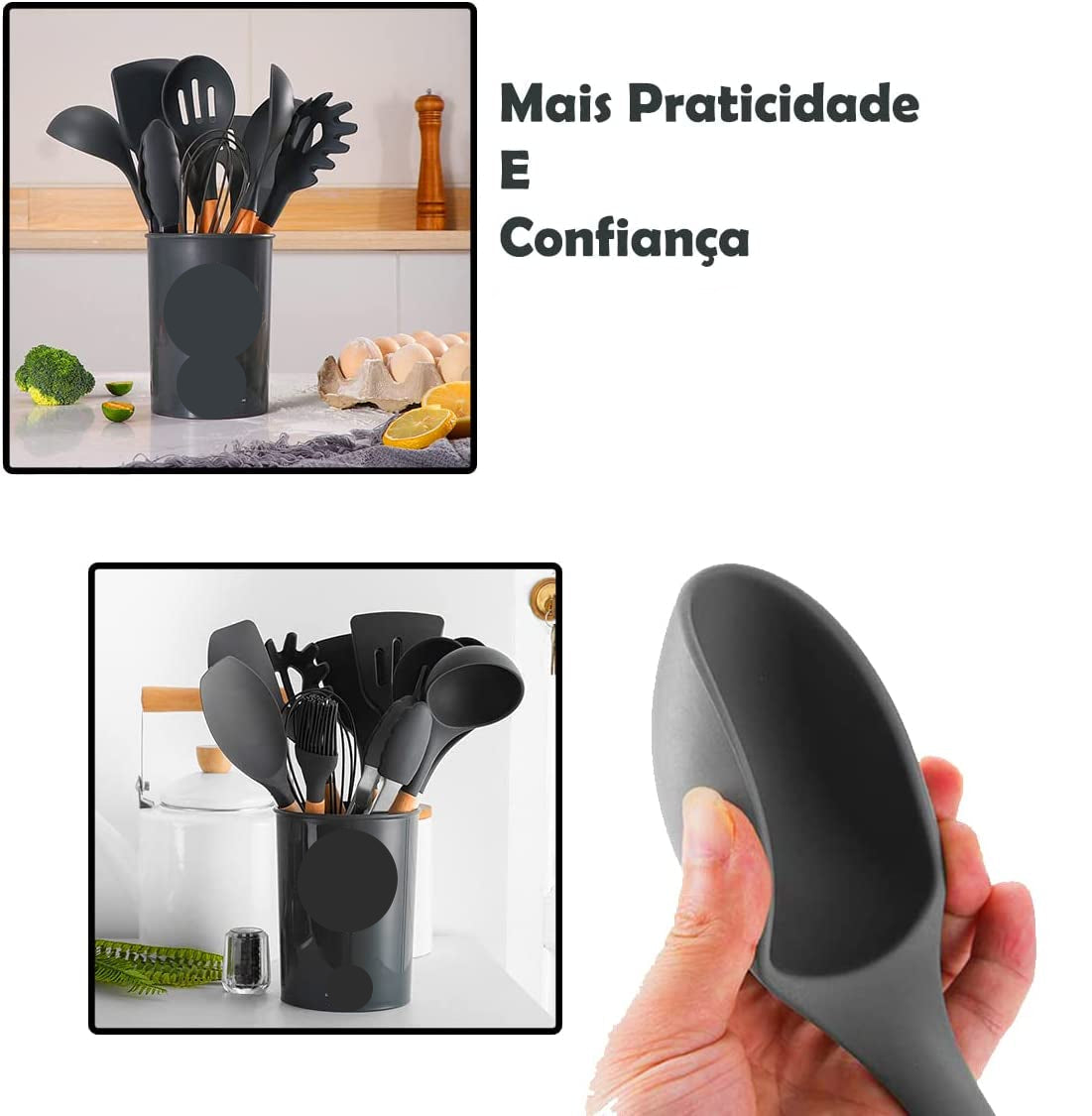 Kit Utensílios De Cozinha em Silicone e Madeira